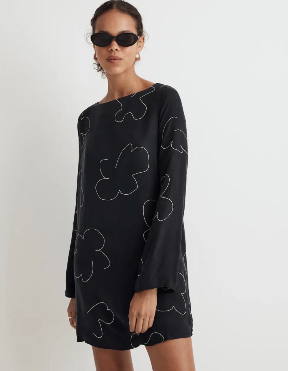 Madewell Shift Mini Dress Long Sleeve True Black Cupro Minimalist Light XXS NWT